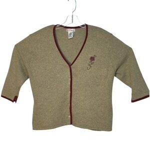 Women's Olive Cardigan Sweater with Embroidered Rose